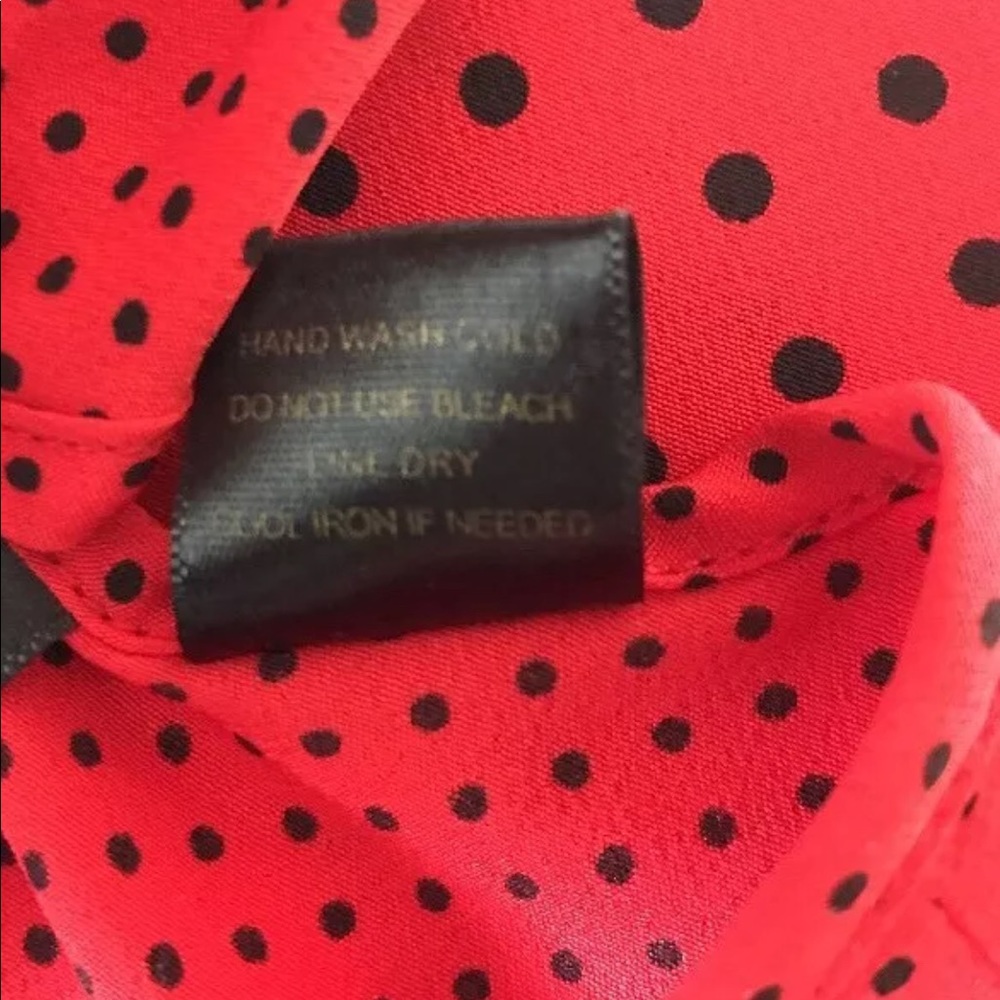 Red Black Polka Dots Sleeveless Faux Wrap Dress - Picture 5 of 5